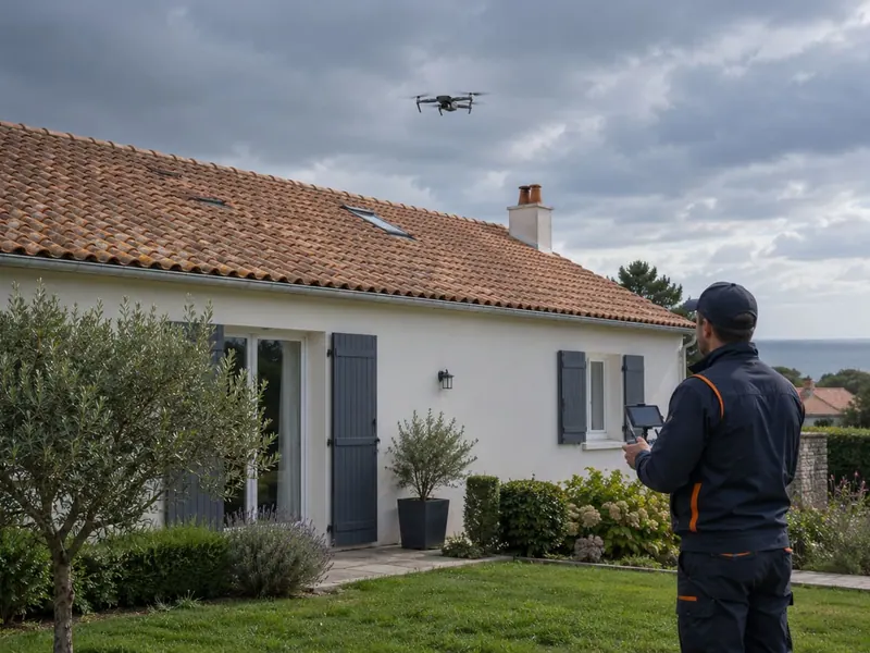 Couvreur pilotant un drone d'inspection au-dessus d'une toiture en tuiles