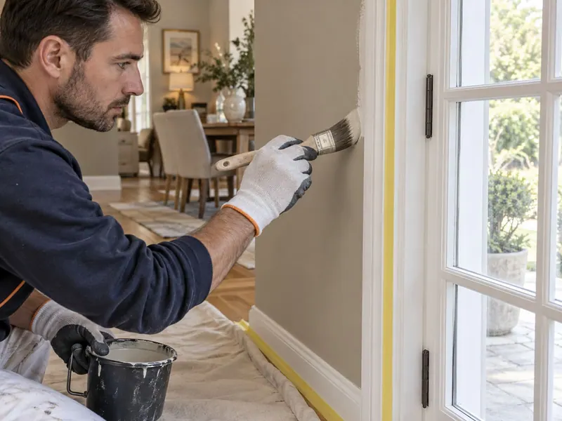 Peintre réalisant les finitions d'un mur intérieur au pinceau