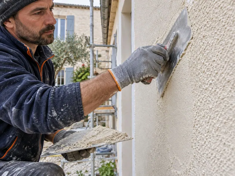 Façadier appliquant un enduit de finition à la taloche sur une façade