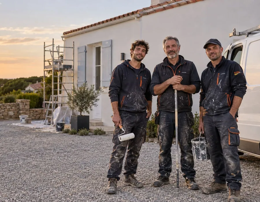 L'équipe ST Habitat devant une maison rénovée au coucher du soleil