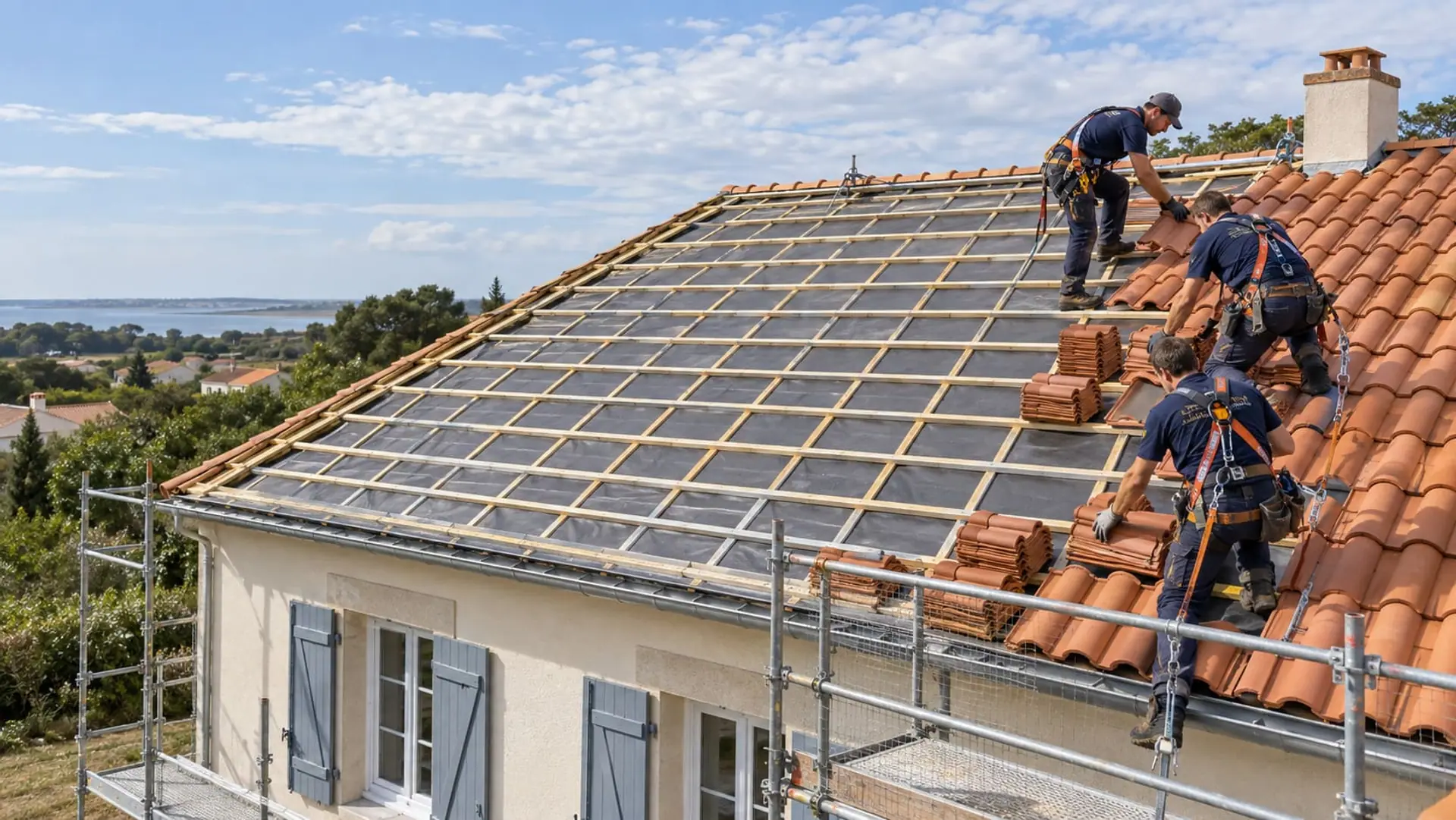 Équipe de couvreurs posant un écran sous toiture et des tuiles neuves