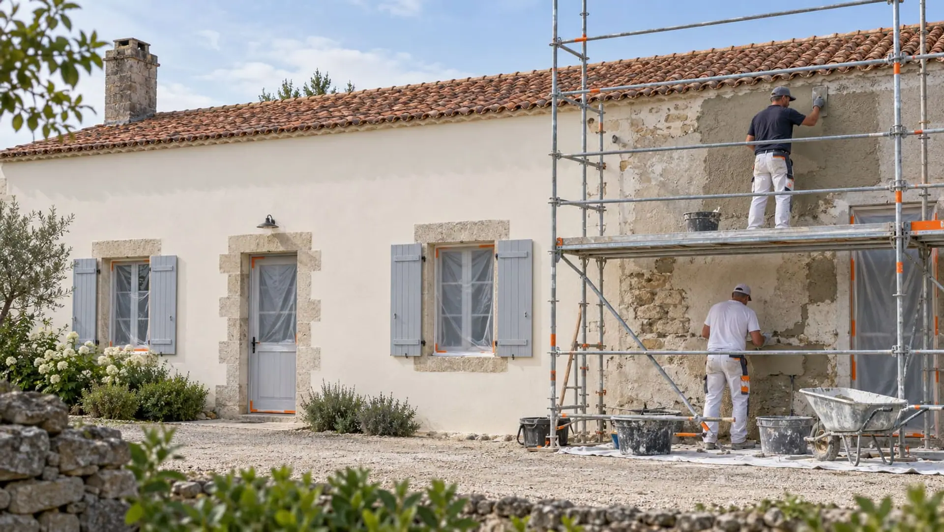 Façadiers ST Habitat ravalant une maison en pierre en Vendée