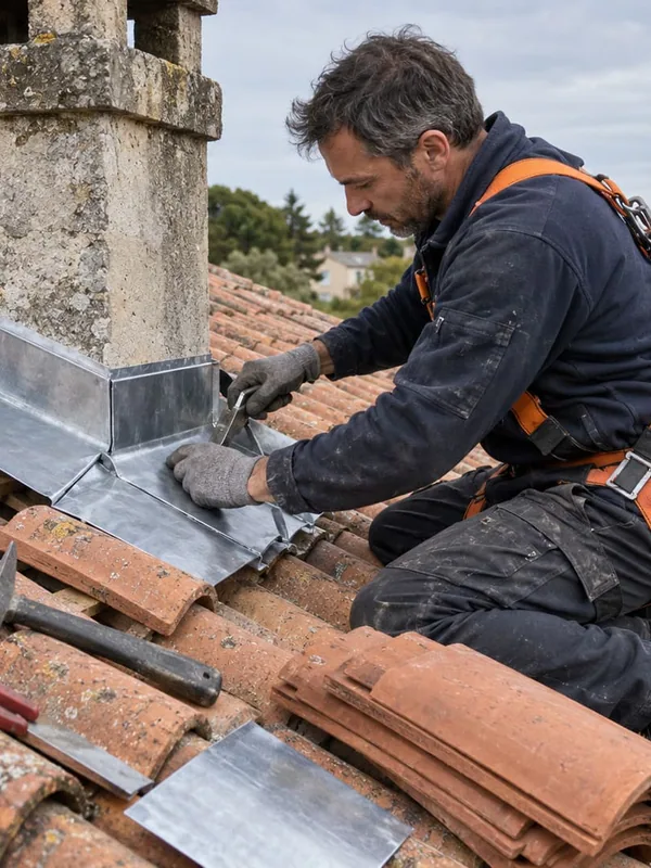 Couvreur ST Habitat réalisant la zinguerie d'une cheminée